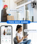 2K 360 Degree Solar Wireless Outdoor Security Camera With Color Night Vision, Motion Detection, 2 Way Audio, Spotlight Siren Alarm, SD And Cloud Storage For Home Security installed by door with homeowner using phone app