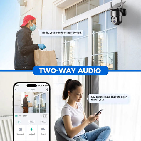 2K 360 Degree Solar Wireless Outdoor Security Camera With Color Night Vision, Motion Detection, 2 Way Audio, Spotlight Siren Alarm, SD And Cloud Storage For Home Security installed by door with homeowner using phone app