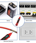 Non Contact Voltage Tester With LCD Display And Bright Flashlight, Dual Range 2 To 440 Volts AC tool shown with battery, switch, socket.