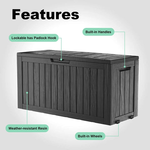 Outdoor Resin Storage Deck Box Lockable And UV Resistant 85 Gallon Bin For Patio Porch Furniture with features labeled