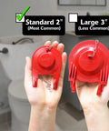 Top Shelf Bathroom Plumbing Upgrade Comes With A Nifty Silver Toilet Fill Valve Paired To Durable Standard Two Inch Flapper Repair Kit Set Up For No Sweat Install Plus Smooth Everyday Adjustments That Actually Stick showing red 2" and 3" toilet flappers in hands.