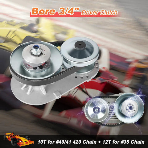 CVT Torque Converter Kit For Three Quarter Inch Crank Mini Bikes And Go Karts With 10T And 12T Pulleys, shown in racing theme background