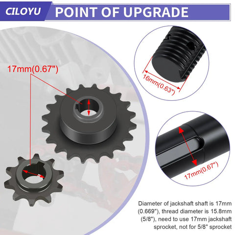 Heavy Duty Mini Bike Jackshaft Shaft Kit With 420 Sprocket for Coleman CT200U, showing 17mm jackshaft and 16mm thread size.