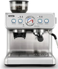 Dual Boiler Espresso Machine With Built In Grinder And 58mm Commercial Portafilter Barista Steam Wand 31 Grind Settings Stainless Steel Home Barista Ready Sterling Silver Finish - front view