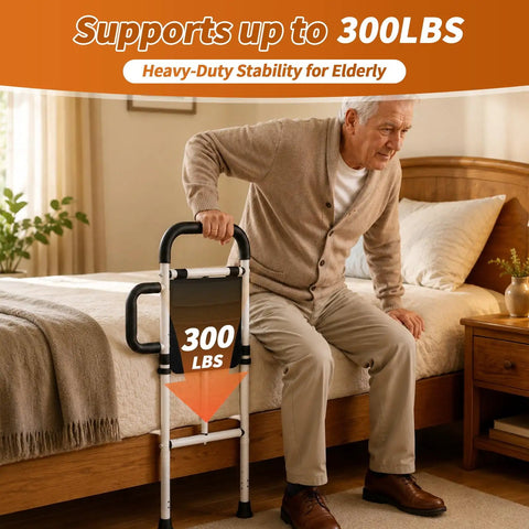 Elderly man using a sturdy adjustable bed rail for elderly and limited mobility with non-slip handle, 350 lbs capacity, in bedroom.