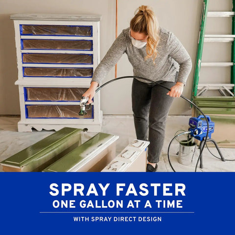 User operating No Hassle Electric Airless Paint Sprayer Featuring Always On Prime Tech For Unthinned Paint And Stain.