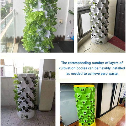 Dope Vertical Hydroponic Garden Tower With 48 64 Or 80 Pot Capacity Modular Stackable System displayed in various settings.