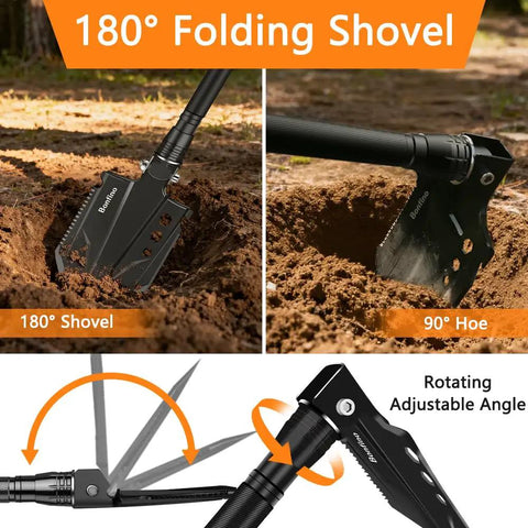 Foldable Camping Shovel with 30.4 inch high carbon steel build, 180-degree blade angle for digging, portable multi-tool for survival.