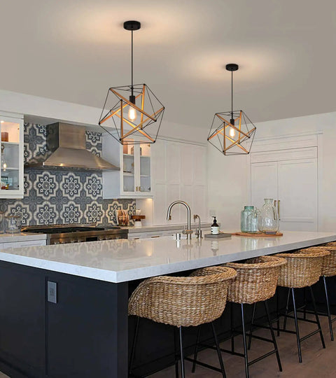 Dope Black Geometric Art Deco Pendant Light With Wood Accents Modern Industrial Hanging Fixture For Dining Room Or Kitchen Island