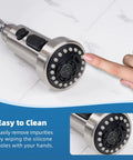 Brushed nickel faucet head showing 3-function sprayer and black silicone holes, part of NSF ANSI CAN 61 CUPC Certified Pull Down Kitchen Faucet Head Replacement With 3 Function Sprayer And 15 Adapters, Compatible With Moen Delta Kohler Faucets In Brushed Nickel.
