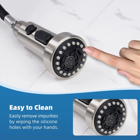 Brushed nickel faucet head showing 3-function sprayer and black silicone holes, part of NSF ANSI CAN 61 CUPC Certified Pull Down Kitchen Faucet Head Replacement With 3 Function Sprayer And 15 Adapters, Compatible With Moen Delta Kohler Faucets In Brushed Nickel.
