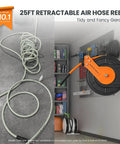 Retractable Air Hose Reel With 3/8 Inch Hybrid Hose, Auto Rewind, Heavy Duty Steel Construction, 300 PSI, Wall Mount, 25 Feet Long, Brass Fittings