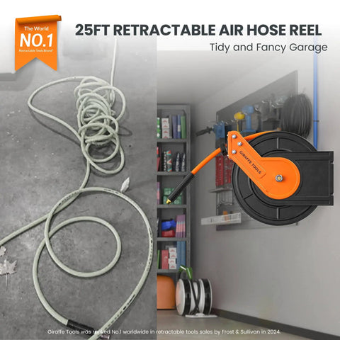 Retractable Air Hose Reel With 3/8 Inch Hybrid Hose, Auto Rewind, Heavy Duty Steel Construction, 300 PSI, Wall Mount, 25 Feet Long, Brass Fittings