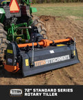 72 Inch 3 Point Rototiller Attachment For Category 1 Tractors, PTO Driven Cultivator, Charcoal Finish, Attached to Tractor