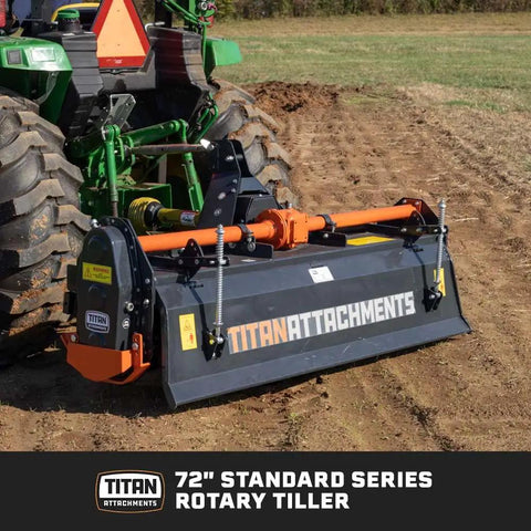 72 Inch 3 Point Rototiller Attachment For Category 1 Tractors, PTO Driven Cultivator, Charcoal Finish, Attached to Tractor
