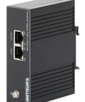 Heavy Duty Industrial PoE Plus Extender with two Ethernet ports, black metal design, DIN rail mount, delivers 80 watts.