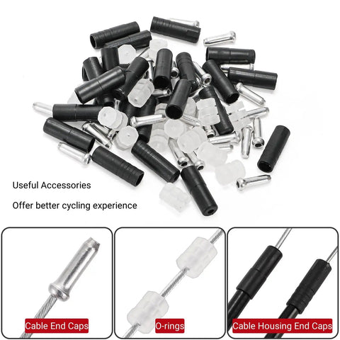 91 Piece Bike Cable Kit With Cutter, showing end caps, O-rings, and cable housing for road and mountain bicycles.