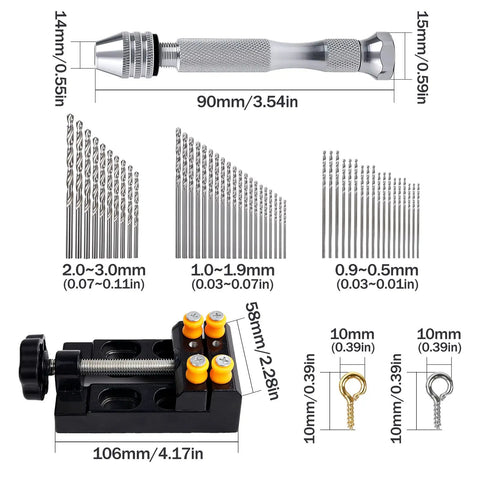 112 Piece Precision Pin Vise Hand Drill Kit With 3 Jaw Manual Drill Aluminum Alloy Non Slip Grip For Fine Detail Work, 90mm vise, bench vise