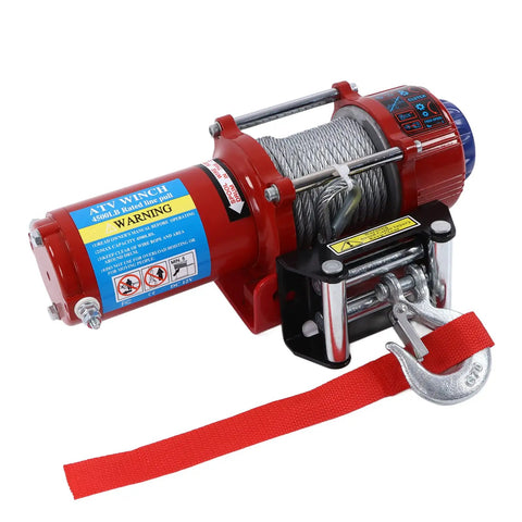 Heavy Duty 4500lb Electric Winch Kit For Trucks And Trailers With Easy Install Planetary Gear showing a steel build with red color and hook.