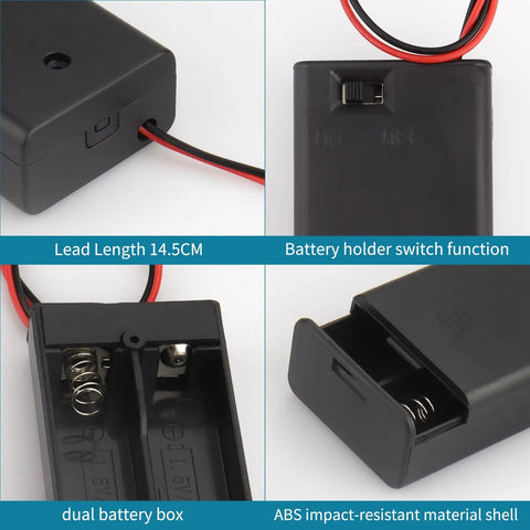 Six Pack Heavy Duty Dual Alkaline Aa Battery Boxes With Secure Toggle Switch And Flexible Wire Leads Ultimate Stress Free Setup For Quick Circuit Builds And Weekend Maker Projects, showing battery holder features and lead length.