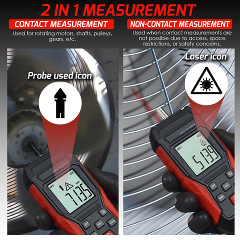 2-In-1 Tachometer With Noncontact Laser And Contact RPM Meter Gauge Tester showing digital display with 7135 RPM contact and 5179 RPM laser readings