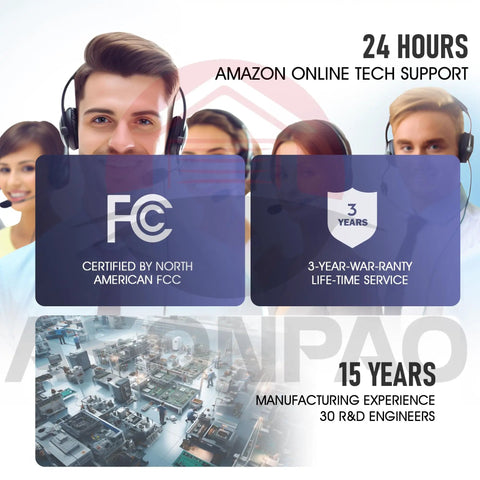 Customer support team with FCC logo and 3-year warranty badge, emphasizing 15 years of manufacturing experience.