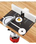 Close-up of Heavy Duty Aluminum Router Table Insert Plate With Center Lock Bushing And Quick Swap Miter Track for precise woodworking cuts.