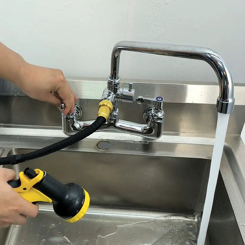 Commercial Wall Mount Sink Faucet With 8 Inch Adjustable Center, G1/2 Inch Inlet, Garden Hose End, 12 Inch Swivel Spout.
