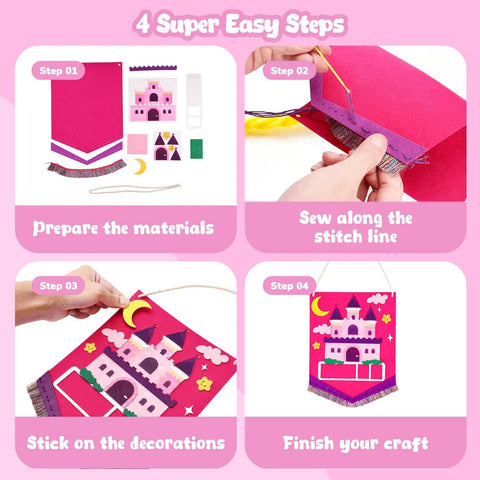 Kids Beginner Sewing Kit With Felt Projects For 5 And Up 8 Totally Easy DIY Crafts Like Bunny Pillow Unicorn Wind Chime, castle wall hanging step-by-step instructions