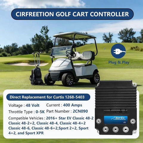Plug And Play Straight Upgrade For Your Star Golf Cart This 48V 400 Amp Speed Motor Controller on a golf course setting.