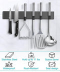 Heavy Duty Magnetic Knife Strip With 3 Hooks, 14 Inch Wall Mount Knife Holder For Kitchen And RV, No Drill Adhesive Backing, on wall with utensils