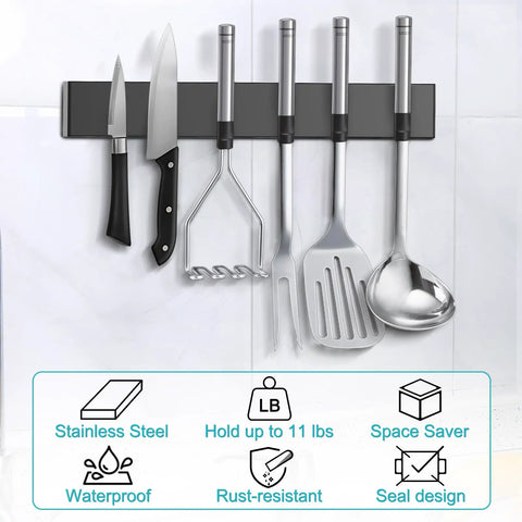 Heavy Duty Magnetic Knife Strip With 3 Hooks, 14 Inch Wall Mount Knife Holder For Kitchen And RV, No Drill Adhesive Backing, on wall with utensils