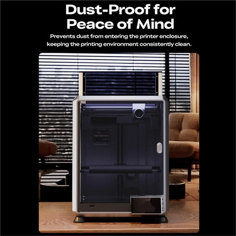 Solid Temperature Box And Sound Dampening Shell For Creality K1 Se And K2 Se 3D Printers on wooden surface, showing dust-proof design.