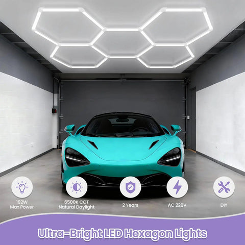 Insanely Bright Honeycomb Hexagon LED Garage Light 5 Pack 192W With Three Color Temperatures 3000K 4500K 6500K illuminated in garage