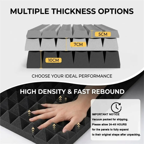 Rock Solid Peel And Stick Acoustic Foam Roll Self Adhesive Soundproof Wall Padding for Noise Reduction showcasing thickness options of 5cm, 7cm, and 10cm.