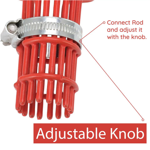Close-up of adjustable knob on fruit picker basket for juicy apples from trees, showing red basket and metal clamp detail.