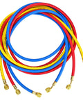 Set of 3 refrigerant charging hoses with 1/4-inch flare fittings; blue, red, yellow; 96" length.
