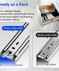 No Hassle Heavy Duty Drawer Slides Full Extension Side Mount One Fifty Pound Capacity Metal Dresser Rails Cabinet Glides Pair Without Lock Twenty Four Inch Heavy Lifters Smooth Glide showing 51mm wide slide comparison.