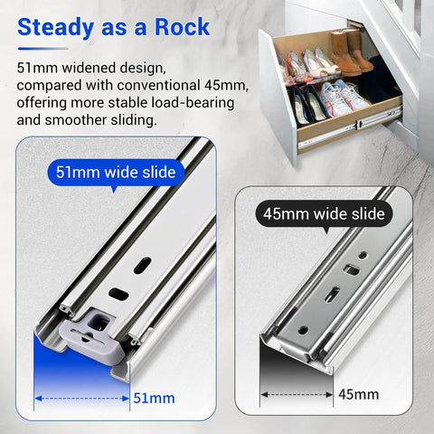 No Hassle Heavy Duty Drawer Slides Full Extension Side Mount One Fifty Pound Capacity Metal Dresser Rails Cabinet Glides Pair Without Lock Twenty Four Inch Heavy Lifters Smooth Glide showing 51mm wide slide comparison.
