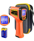 Infrared Temp Gun With 50 to 1 Distance Ratio Measures Minus 58F To 2732F, visible with LCD readout, carrying case, and battery.