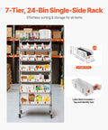 Front view of 7 Tier Rolling Bin Storage Rack with 24 Small Bins Mobile Steel Wire Shelving System on Wheels, in warehouse.