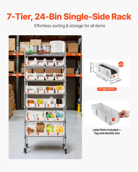 Front view of 7 Tier Rolling Bin Storage Rack with 24 Small Bins Mobile Steel Wire Shelving System on Wheels, in warehouse.