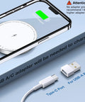 Charging an iPhone with MagSafe Wireless Charging Pad For iPhone 12-17 Series And AirPods Pro, showing Type-C and USB-A adapters.