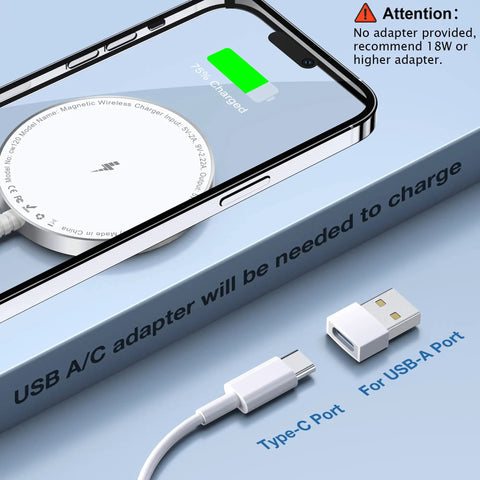 Charging an iPhone with MagSafe Wireless Charging Pad For iPhone 12-17 Series And AirPods Pro, showing Type-C and USB-A adapters.