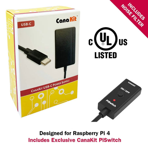 CanaKit USB-C power supply designed for Raspberry Pi 4 with on/off switch, noise filter included.