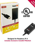 CanaKit USB-C power supply designed for Raspberry Pi 4, includes noise filter and exclusive PiSwitch.