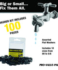 Assorted Flat Washer Pro Set In Black, 100 Piece Plumbing Repair Kit with visible pack and flat washers for sinks and faucets.