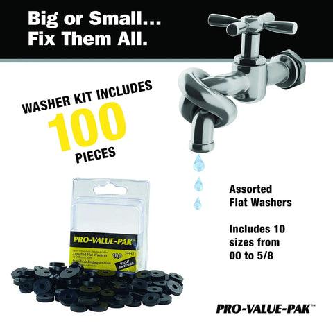 Assorted Flat Washer Pro Set In Black, 100 Piece Plumbing Repair Kit with visible pack and flat washers for sinks and faucets.