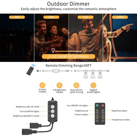 48Ft Outdoor LED String Lights With Remote Dimmer And Timer For Patio Porch And Backyard IP65 Waterproof Edison Vintage Style Lights Easy 1 To 10 Dimming 60Ft Remote Range For A Dope Backyard Vibe shown with brightness settings and remote control features