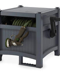 Hose Hideaway Storage Reel Box in Cyberspace Grey for outdoor use, durable resin body, holds 100 ft of 5/8 vinyl hose